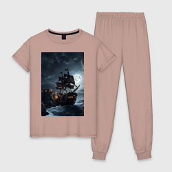Пижама хлопковая женская Пиратский корабль в шторм, цвет: пыльно-розовый