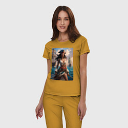 Пижама хлопковая женская Пиратка на фона флотилии кораблей, цвет: горчичный — фото 2