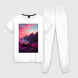 Пижама хлопковая женская Суперкар едет к океану, цвет: белый