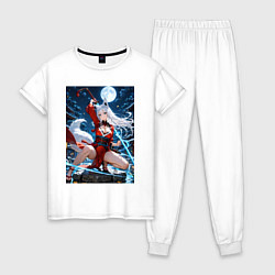 Пижама хлопковая женская Лисица с катаной на фоне Луны, цвет: белый