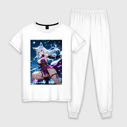 Пижама хлопковая женская Лисица с катаной на фоне Луны, цвет: белый
