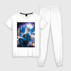 Пижама хлопковая женская Лисица в кимоно любуется цветением глицинии, цвет: белый