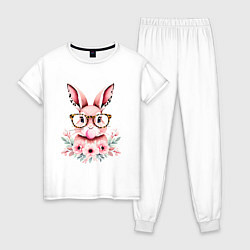 Пижама хлопковая женская Розовая зайка с бубльгумом, цвет: белый