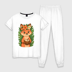 Пижама хлопковая женская Тропическая лисичка, цвет: белый