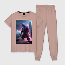 Пижама хлопковая женская Годзилла посреди мегаполиса, цвет: пыльно-розовый