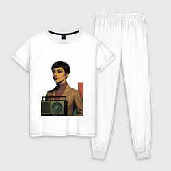Пижама хлопковая женская Брюнетка и радиоприемник ретрофутуризм поп-арт 197, цвет: белый