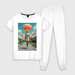 Пижама хлопковая женская Девушка в костюме монашки уходит от взрыва, цвет: белый