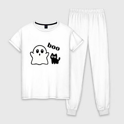 Пижама хлопковая женская Хэллоуин, привидение и черный кот, цвет: белый