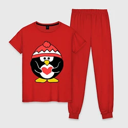 Пижама хлопковая женская Пингвин с сердцем, цвет: красный