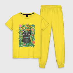 Пижама хлопковая женская Киса в цветах, цвет: желтый