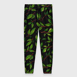 Женские брюки Яркие зеленые листья на черном фоне