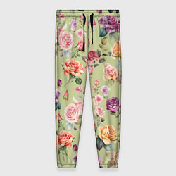 Женские брюки Акварельные цветы - паттерн зеленый