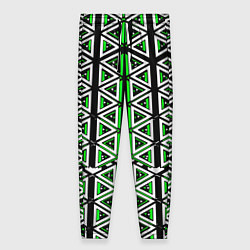 Брюки женские Бело-зелёные треугольники на чёрном фоне, цвет: 3D-принт