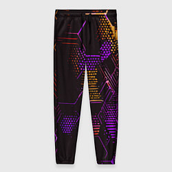 Брюки женские Жёлто-фиолетовые точки и линии на чёрном фоне, цвет: 3D-принт