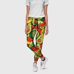 Брюки женские Авокадо, бананы, перцы чили улыбаются - паттерн фр, цвет: 3D-принт — фото 2