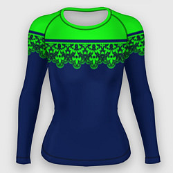 Рашгард женский Green Lace Зеленое кружево на темном синем фоне, цвет: 3D-принт