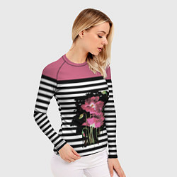 Рашгард женский Розовые акварельные маки на полосатом фоне, цвет: 3D-принт — фото 2
