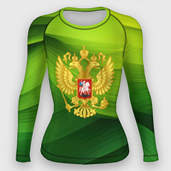 Рашгард женский Золотистый герб России на зеленом фоне, цвет: 3D-принт
