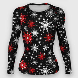Рашгард женский Белые и красные снежинки на черном фоне - нейросет, цвет: 3D-принт