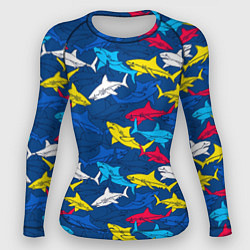 Рашгард женский Разноцветные акулы на глубине, цвет: 3D-принт