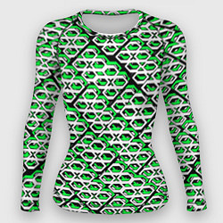 Рашгард женский Зелёно-белый узор на чёрном фоне, цвет: 3D-принт