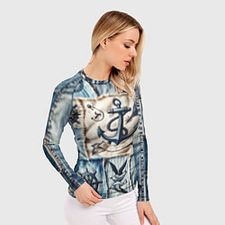 Рашгард женский Пэчворк с якорем - джинсовка моряка, цвет: 3D-принт — фото 2