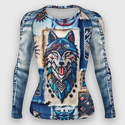 Рашгард женский Волк на джинсах пэчворк, цвет: 3D-принт