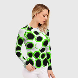 Рашгард женский Чёрно-зелёные шестиугольники на белом фоне, цвет: 3D-принт — фото 2