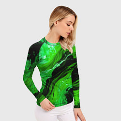 Рашгард женский Зелёные брызги на чёрном фоне, цвет: 3D-принт — фото 2