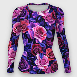Рашгард женский Разноцветные цветы - синие розы паттерн, цвет: 3D-принт