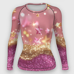 Женский рашгард Розовые и золотые звездочки с блестками