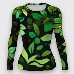 Рашгард женский Чёрный с зелёными крупными цветами, цвет: 3D-принт