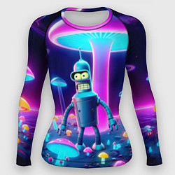 Рашгард женский Робот-сгибальщик Бендер на поляне неоновых грибов, цвет: 3D-принт