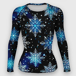 Рашгард женский Стилизованный чёрно-синий со снежинками, цвет: 3D-принт
