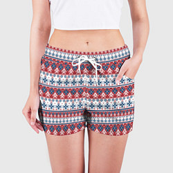 Шорты женские Этнический красно-синий узор, цвет: 3D-принт — фото 2