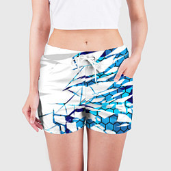 Шорты женские 3D ВЗРЫВ ПЛИТ Белые и синие осколки, цвет: 3D-принт — фото 2