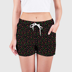 Шорты женские Тюльпаны, сердечки , бабочки на черном, цвет: 3D-принт — фото 2