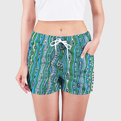 Шорты женские Разноцветная абстракция в стиле дудл Волны, линии,, цвет: 3D-принт — фото 2