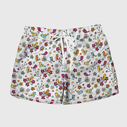 Шорты женские Птицы и цветы Разноцветный узор в дудл стиле, цвет: 3D-принт