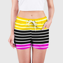 Шорты женские Желтые розовые и черные полосы на белом, цвет: 3D-принт — фото 2