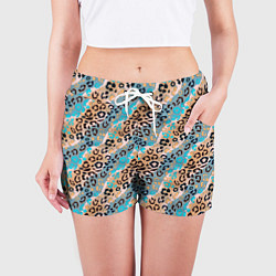 Шорты женские Леопардовый узор на синих, бежевых диагональных по, цвет: 3D-принт — фото 2