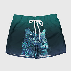 Шорты женские Неоновый кот: фиолетовые и бирюзовые линии, цвет: 3D-принт