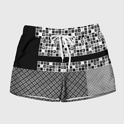 Шорты женские Черно-белый лоскутный узор-пэчворк, цвет: 3D-принт