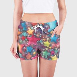 Шорты женские Разноцветные новогодние звёзды, цвет: 3D-принт — фото 2
