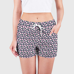 Шорты женские Розовый пионы на сером фоне, цвет: 3D-принт — фото 2