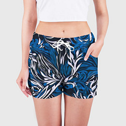 Шорты женские Синий и белый узор на чёрном фоне, цвет: 3D-принт — фото 2