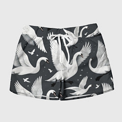 Шорты женские Стая белых лебедей летящих в небе, цвет: 3D-принт