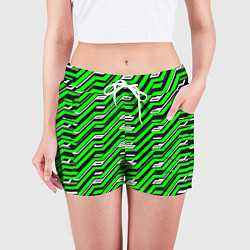 Шорты женские Чёрно-зелёный линейный узор киберпанк, цвет: 3D-принт — фото 2