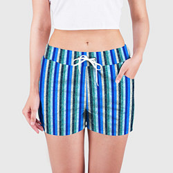 Шорты женские Сине-бирюзовый полосатый, цвет: 3D-принт — фото 2