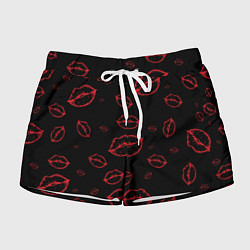 Шорты женские Паттерн красные губы на черном - lips red, цвет: 3D-принт